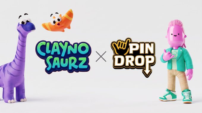 A promotional graphic featuring a purple Claynosaurz dinosaur and a pink character alongside "CLAYNOSAURZ x PIN DROP" logos, teasing the upcoming "Comfy In Clay" collaboration event starting Monday, July 20th with 20 Pioneer Packs and 3 leaderboards up for grabs.