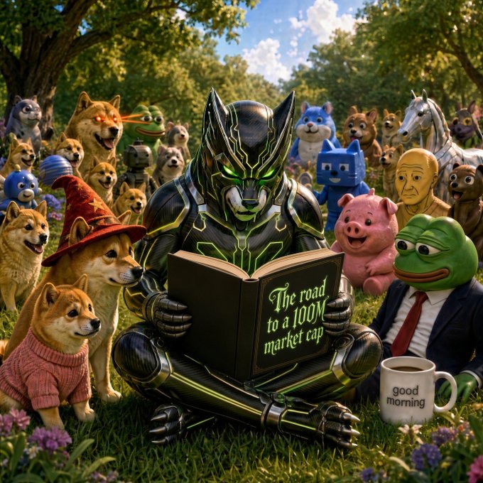 An AI-generated image shows a black and green armored warrior reading 'The road to a 100M market cap' while surrounded by a crowd of meme characters including Doge, Pepe the Frog, a pig, and Shiba Inu dogs in a grassy field, with a 'good morning' mug nearby.