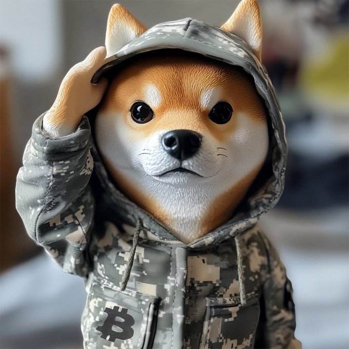 A figurine of a Shiba Inu dog wearing a digital camouflage hooded jacket with a Bitcoin '₿' logo, posed with one paw on its head.
