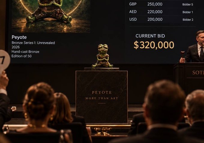 An auction scene for a 'Peyote' Bronze Series I: Unvealed 2026 Hand-cast Bronze sculpture, Edition of 50, with a current bid of $320,000 displayed on screen.