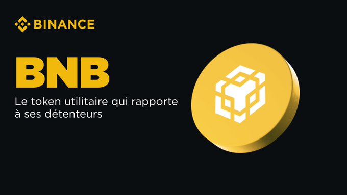 A Binance promotional graphic for BNB token with the tagline 'Le token utilitaire qui rapporte à ses détenteurs' alongside a 3D BNB coin.