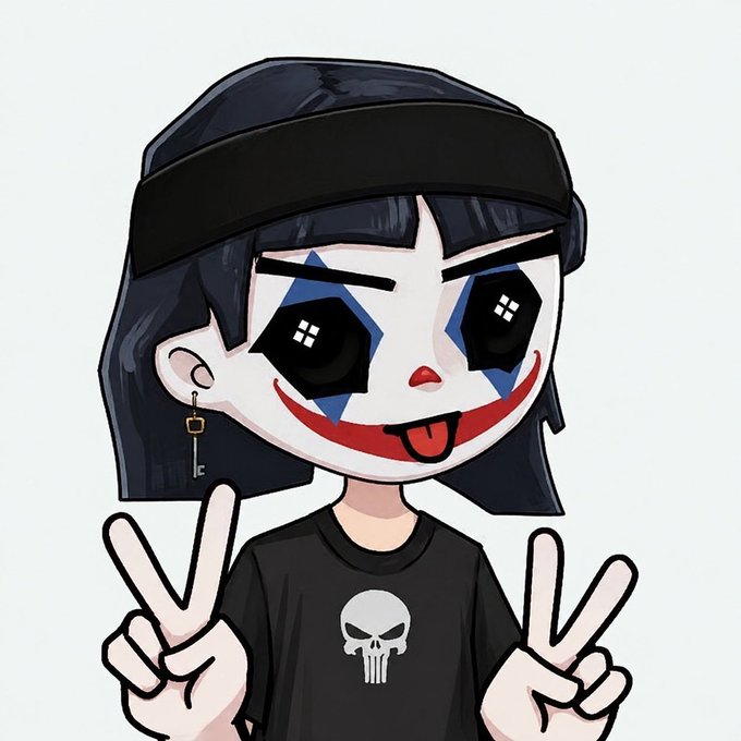 An illustration of a character wearing a black beanie and a Guy Fawkes mask with blue stars, sticking their tongue out, and holding up peace signs with both hands while wearing a black t-shirt with a skull logo.