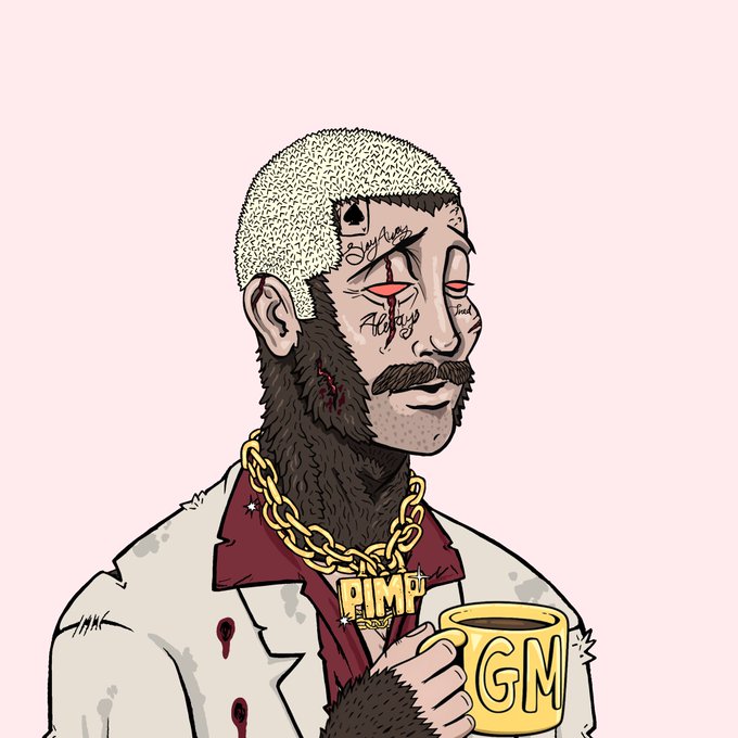 An illustration of a tattooed character with bleached hair, a thick beard, and gold chains, holding a mug labeled "GM." The image reflects the accompanying post's "GM" greeting and degen/crypto-culture aesthetic.