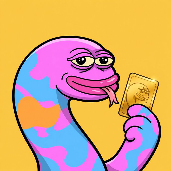 An illustration of a purple and blue patterned cartoon worm or snake-like character with its tongue out, holding a golden card with a face on it against a yellow background.