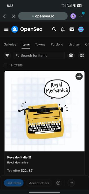 A mobile screenshot of OpenSea (opensea.io) showing an NFT gallery with a cartoon typewriter artwork titled 'Keys don't die!!!' by Royal Mechanica, with a top offer of $22.87.
