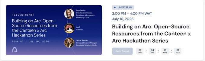 Promotional graphic for a livestream titled 'Building on Arc: Open-Source Resources from the Canteen x Arc Hackathon Series' scheduled for July 16, 2026 at 10AM ET / 3PM WAT, featuring speakers Sam Stalley, Alid, and Jenna Teeman from the Developer Ecosystem Marketing Circle.