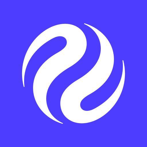A white abstract swirl emblem centered on a vivid royal-blue background.