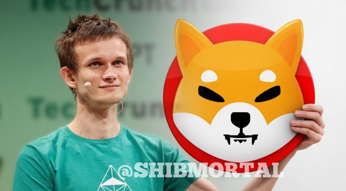 An image showing Vitalik Buterin holding a Shiba Inu logo emblem with the text "@SHIBMORTAL" overlaid, relating to the story of how he received and later donated massive amounts of the SHIB token.