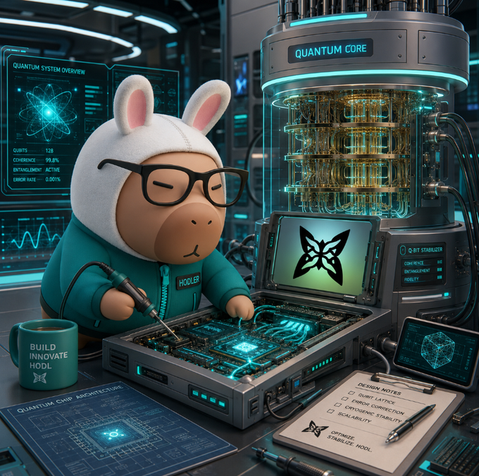 A cartoon character wearing glasses and a hoodie labeled 'HODLER' works on quantum chip architecture, with a 'QUANTUM CORE' machine, a mug reading 'BUILD INNOVATE HODL', and screens displaying 'QUANTUM SYSTEM OVERVIEW' and 'QUANTUM CHIP ARCHITECTURE' visible in a high-tech lab setting.