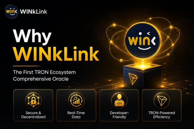 A promotional graphic 'Why WINkLink' describing it as 'The First TRON Ecosystem Comprehensive Oracle' featuring secure, real-time data, developer-friendly features, and TRON-powered efficiency.