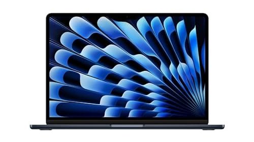A product image of an open MacBook Air laptop displaying a blue abstract fan-like wallpaper on its screen, viewed from the front on a white background.