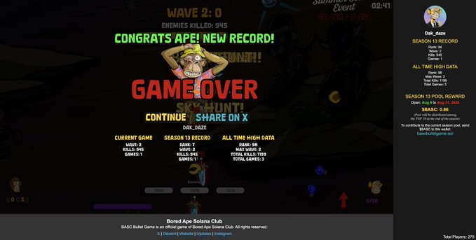 A 'GAME OVER' screen from the arcade-style game 'Bored Ape Solana Club' congratulating player 'Dàk_dazs' for a new record, showing statistics like Wave 2, Kills 945, and Games 1.