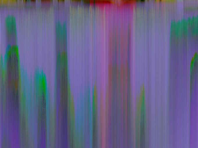 An abstract image with vertical streaks of purple, green, pink, and blue colors creating a blurred, glitch-like pattern.