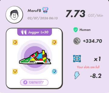 A screenshot of a fitness/digital running app showing a Jogger Lv30 sneaker NFT profile for user 'MaruFB' with 7.73 GST/Min earnings, a +334.70 GGT reward, and a slot count of 13876/1177.