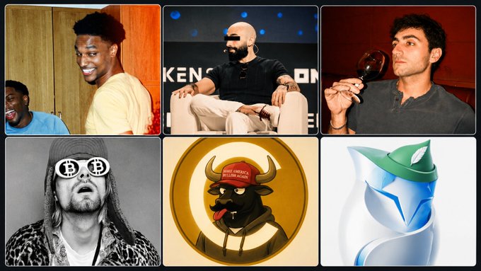 A grid of six profile photos features figures from the crypto space, including recognizable individuals like @mert (top-left) and @cobie (holding his signature wine glass), alongside cartoon mascots representing the meme coins $BTC (a goat in bitcoin sunglasses), $MUBARAK (a bull wearing a red cap), and what appears to be the $WIF logo. The "common denominator" noted in the post appears to be the prominent display of their identities, likely tied to recently launched meme coins.