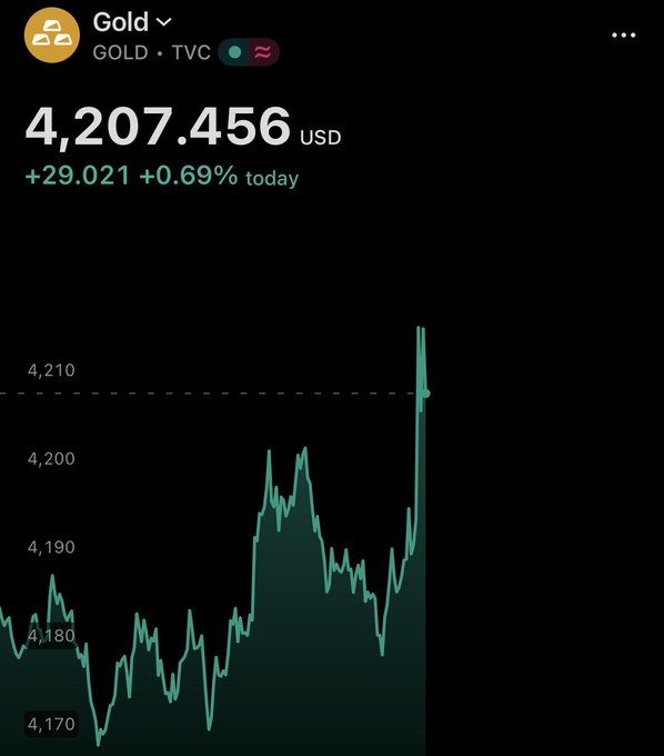 A financial chart showing Gold (TVC) trading at 4,207.456 USD, up +29.021 or +0.69% for the day, with an intraday line graph.