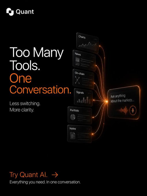 A dark-themed advertisement for "Quant" with the tagline "Too Many Tools. One Conversation." promoting an AI assistant that combines Charts, News, On-chain, Signals, Portfolio, and Notes.