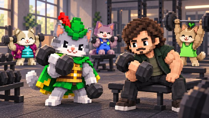 Pixel art characters, including a green-hooded cat and a muscular man, are lifting dumbbells in a gym setting alongside other anthropomorphic cats working out.