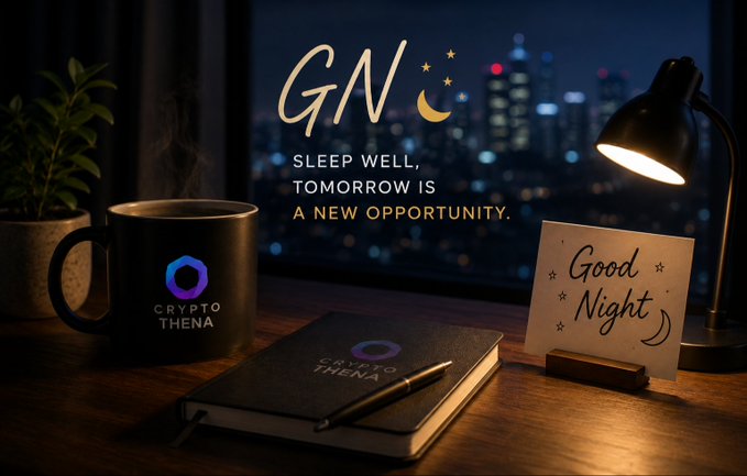A "Good Night" themed image featuring a mug and notebook branded with the "Crypto Thena" logo, alongside the text "Sleep well, tomorrow is a new opportunity."