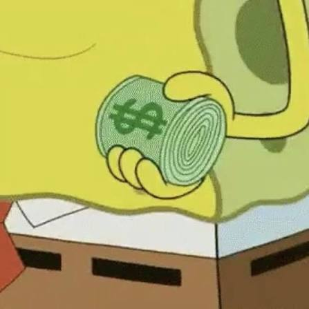 A cartoon close-up of a green-skinned character's hand holding a rolled-up dollar bill with a green dollar sign symbol on it.