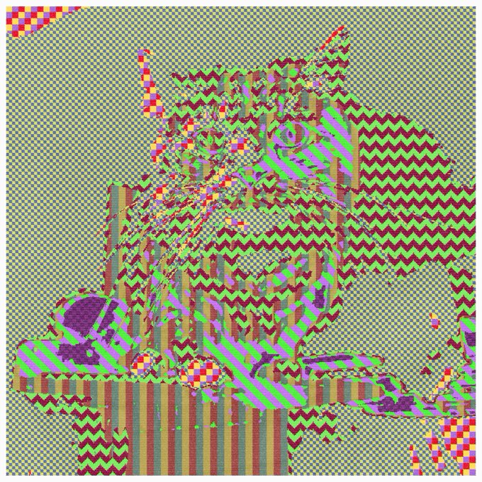 A glitch-art style digital image with a checkered transparency background, featuring distorted shapes overlaid with vertical stripes in green, red, and gold, and zigzag patterns.