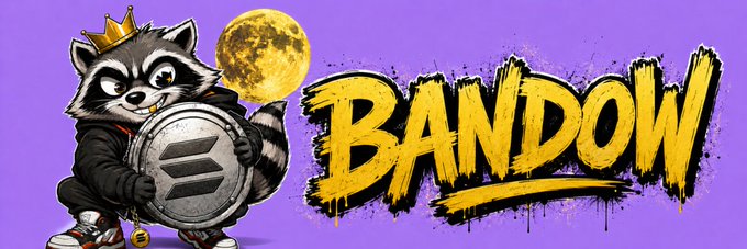 The image shows a cartoon raccoon wearing a gold crown and a black hoodie, holding a large coin featuring the Solana logo, with a full moon in the background. Bold yellow graffiti-style text reads "BANDOW" against a purple backdrop, serving as the banner artwork for the Solana token $BANDOW.