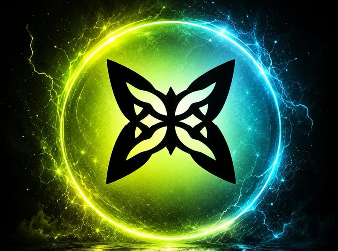 A glowing green and yellow circular energy field with blue lightning effects surrounding a black stylized butterfly emblem in the center.