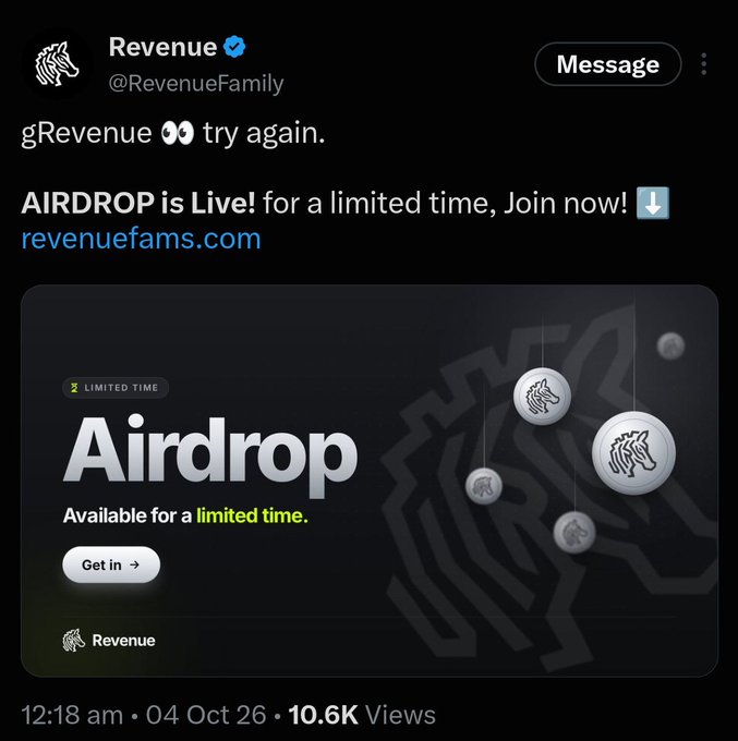 A Twitter/X post from @RevenueFamily announcing an airdrop for gRevenue, with a link to revenuefams.com, posted at 12:18 am on 04 Oct 26 with 10.6K views.