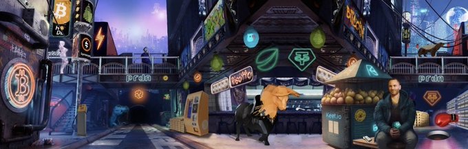 A cyberpunk cityscape features a man sitting beside a fruit stand while an anthropomorphic dog in a suit stands nearby, with various cryptocurrency logos like Bitcoin displayed on neon signs.