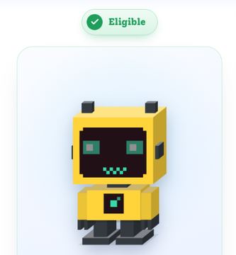 A 3D voxel-style character card showing a yellow robot with green pixelated eyes, topped with an 'Eligible' badge.
