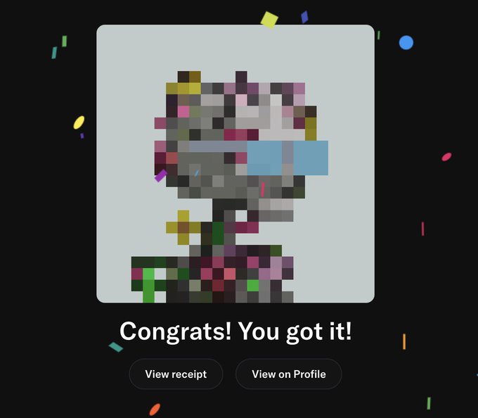 A pixelated, mosaic-style image of a face wearing sunglasses is shown with the text 'Congrats! You got it!' and buttons for 'View receipt' and 'View on Profile' on a black background with confetti.