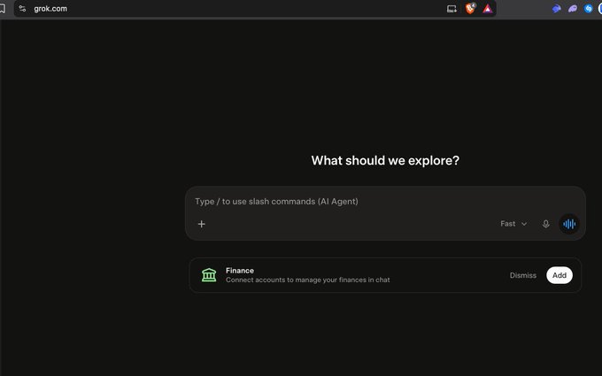 A screenshot of the grok.com interface on a browser, displaying the prompt 'What should we explore?' and a 'Finance' integration option to connect accounts.