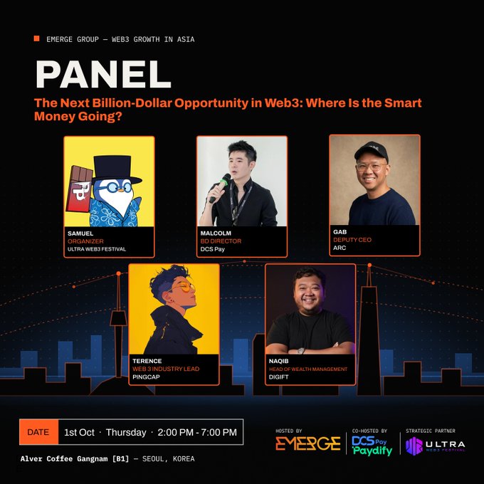 A panel event poster by Emerge Group titled "The Next Billion-Dollar Opportunity in Web3: Where Is the Smart Money Going?" featuring speakers Samuel (Organizer, Ultra Web3 Festival), Malcolm (Co-Director, DCS Pay), Gab (Deputy CEO, ARC), Terence (Web 3 Industry Lead, PingCAP), and Naqib (Head of Wealth Management, DigiFT), scheduled for 1st October, 2:00-7:00 PM at Alver Coffee Gangnam, Seoul, Korea, co-hosted by DCS Pay/Paydfiy and Ultra as strategic partner.