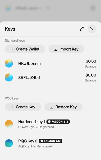 A mobile app interface shows a "Keys" management screen with two standard keys (HKw6...zsnm at $0.66 balance and 8BFL...Z4bd at $0.00 balance) and two PQC keys using FALCON-512 (Hardened key 1 and PQC Key 2), demonstrating the post-quantum Falcon-512 cryptographic key functionality referenced in the post.