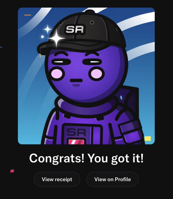A digital notification reading 'Congrats! You got it!' featuring a purple cartoon astronaut character wearing an 'SR' cap, with options to 'View receipt' and 'View on Profile.'