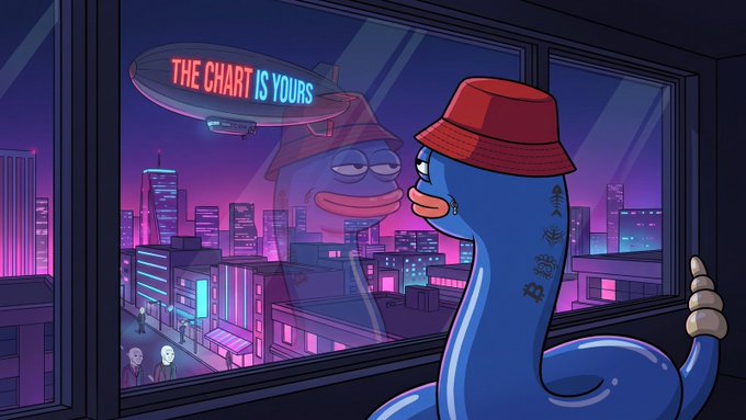 A blue cartoon worm wearing a red bucket hat looks out over a neon cityscape, with its reflection in the window showing a smug expression beneath a blimp displaying the text "THE CHART IS YOURS."

The image reflects the post's theme of community-driven storytelling, visually merging a degen crypto sentiment ("the chart is yours," signaling market control) with the Slippy Club mascot's evolving persona—capturing how fans are building on the character's identity with their own personality, memes, and lore.