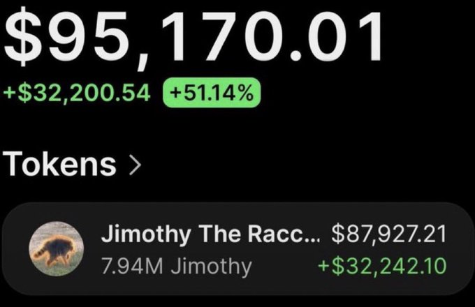 The image shows a portfolio screenshot displaying a total balance of $95,170.01 (up +$32,200.54 or +51.14%), with the main holding being "Jimothy The Racc..." token valued at $87,927.21 from a 7.94M token position (+$32,242.10). This visually confirms the post's claim of someone turning $200 into $95k from the $Jimothy call, illustrating the substantial gains highlighted in the testimonial.