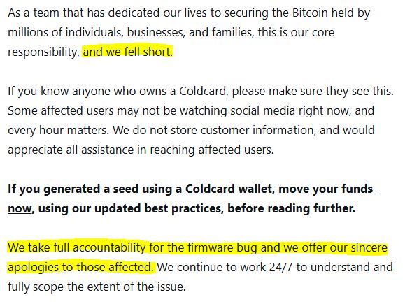 A screenshot of a Coldcard wallet security apology statement, with highlighted portions emphasizing "and we fell short" and "We take full accountability for the firmware bug and we offer our sincere apologies to those affected," addressing a firmware bug affecting users who generated seeds on Coldcard devices.