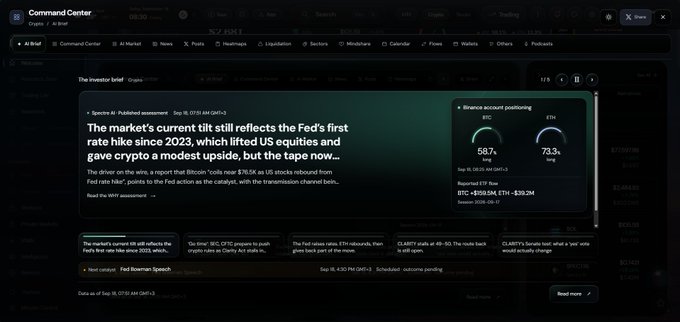 A Bloomberg Command Center screen displaying an investor brief titled 'Spectre AI' discussing the crypto market's reaction to the Fed's first rate hike since 2023.