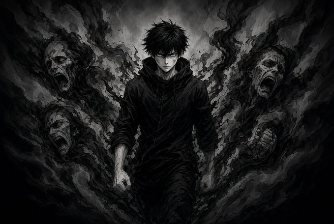 A black and white anime-style illustration of a young man in a dark hoodie surrounded by menacing screaming faces and dark smoke-like energy.