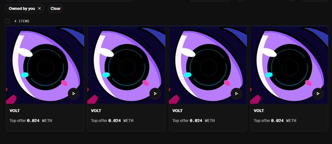 An NFT marketplace interface showing 4 identical 'VOLT' items owned by the user, each with a purple eye graphic and a top offer of 0.024 WETH.