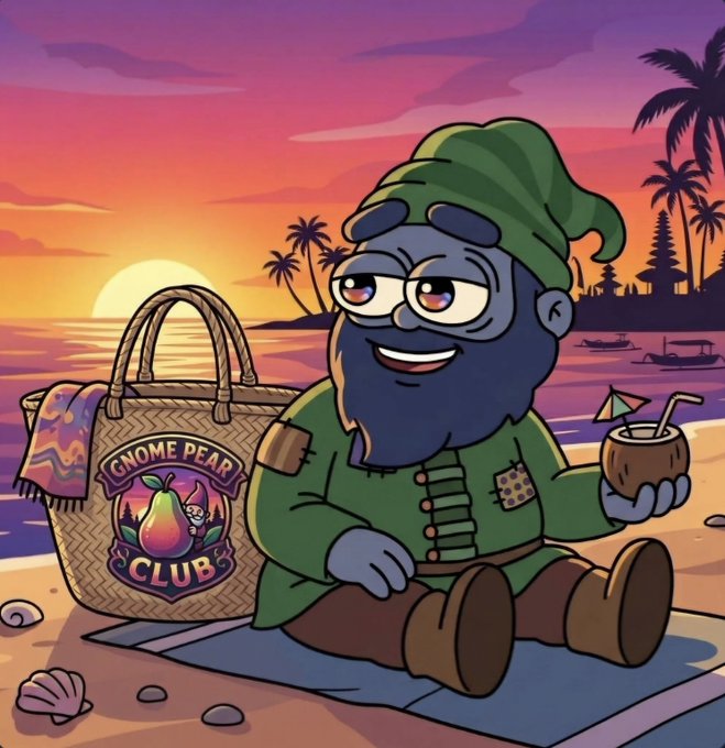 An illustration of a bearded gnome wearing a green hat and outfit, sitting on a beach blanket next to a 'Gnome Pear Club' bag and holding a coconut drink.