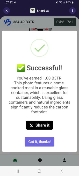 A screenshot of the SnapBox app showing a successful 1.08 B3TR reward earned for sharing a photo of a home-cooked meal in a reusable glass container promoting sustainability.