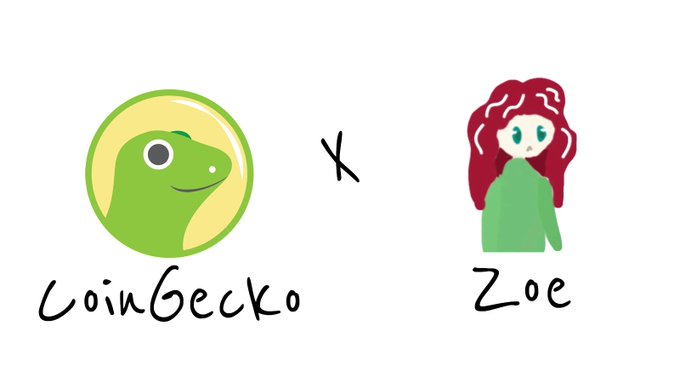 A hand-drawn illustration shows the CoinGecko gecko logo and a cartoon girl with red hair labeled "Zoe" separated by an "X," visually announcing Zoe's new listing on CoinGecko.
