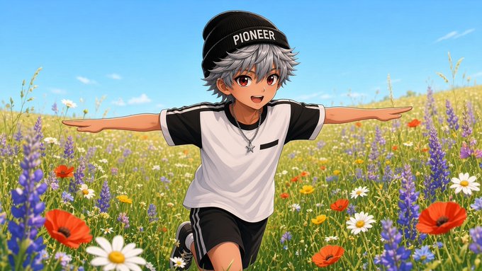 An anime-style illustration of a boy wearing a 'PIONEER' beanie with arms outstretched in a field of colorful wildflowers.