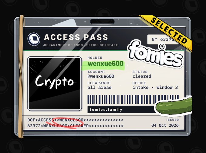 A digital access pass graphic from 'fomies.family' Department of Como, marked 'SELECTED' with holder 'wenxue600', status 'cleared', and the word 'Crypto' written across the photo placeholder.