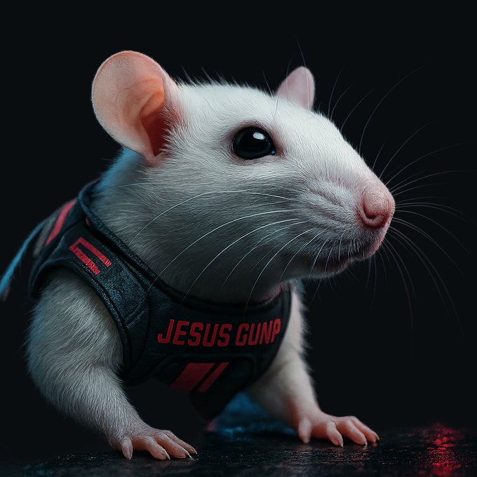 A close-up photograph of a white rat wearing a black vest with red text reading 'JESUS CLUMP' against a dark background.