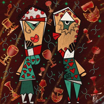 A stylized folk art or cubist painting depicting two figures in colorful patterned clothing with geometric features, surrounded by wine glasses and cups on a dark red background.