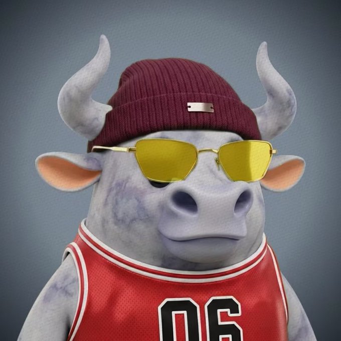 A 3D-rendered bull character wearing a maroon beanie, yellow sunglasses, and a red basketball jersey with the number 06.