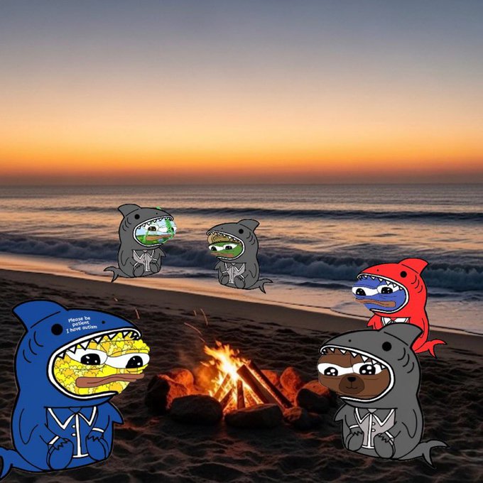 Cartoon characters in shark onesies sit around a campfire on a beach at sunset, with one blue character saying 'Please be silent I have autism.'